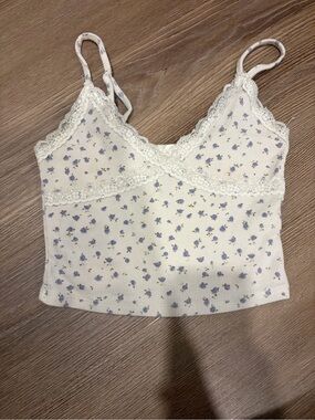 Garage Cream Ribbed Lace-Trim Floral Cami with Lavender Flowers